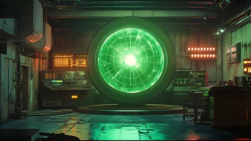 Quantum green portal hums at the heart of a retro lab