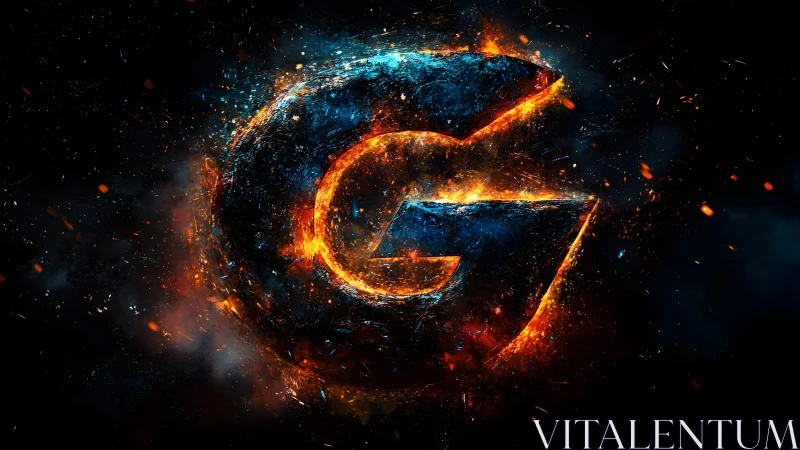 Fiery Metallic Letter G in Dark, Explosive Digital Art Style.