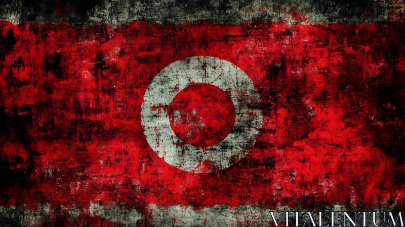 Grunge-textured red field with distressed concentric ring emblem.