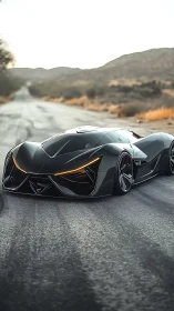 Futuristic black concept supercar on empty desert road.
