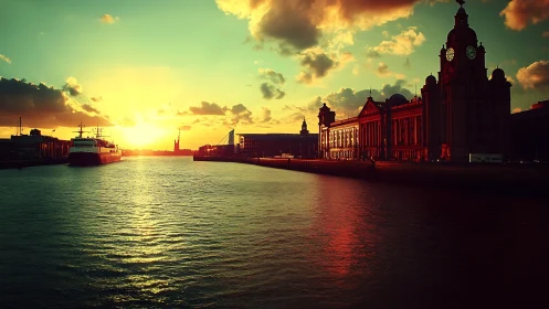 Digital painting of waterfront sunset with historic skyline silhouettes.