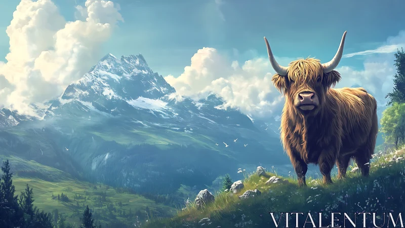 Highland cow stands beneath towering snow-capped mountains.