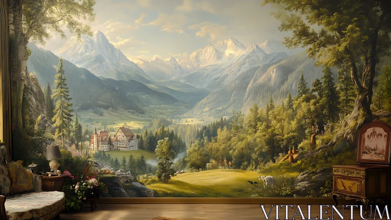 Romantic alpine valley mural integrates with ornate interior decor