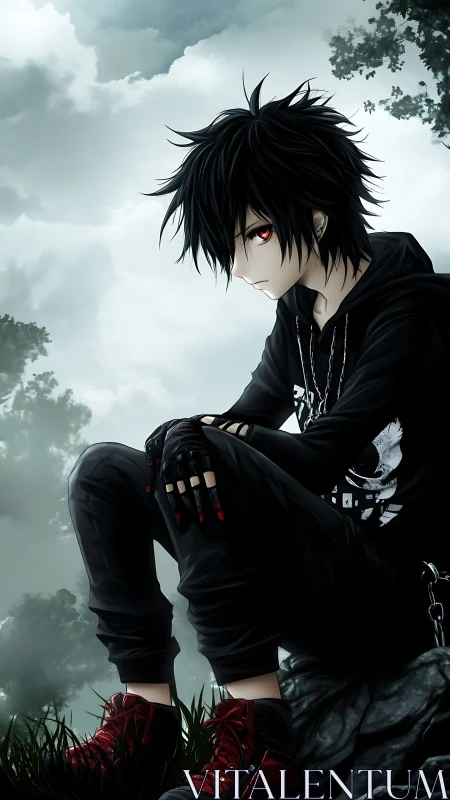 Stormy hilltop daydream with a quiet emo anime boy.