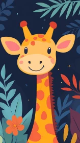 Playful cartoon giraffe amid stylized midnight jungle foliage.