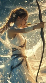 Graceful archer pauses in glowing light and swirling sparks
