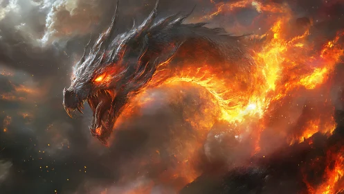 Fiery dragon head emerging from stormy clouds in flame.