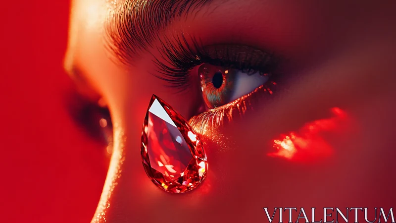 Crimson gemstone teardrop clings to a luminous watchful eye.