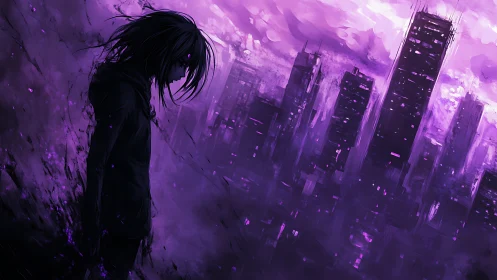 Solitary figure before abstract purple urban skyline.