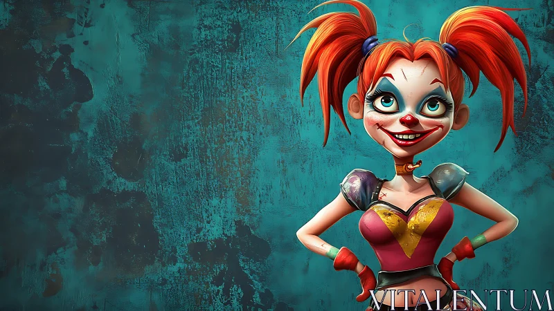 Cartoon clown girl character on textured teal background.