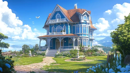 Sky-kissed blue manor basking in sunlit seaside dreams.