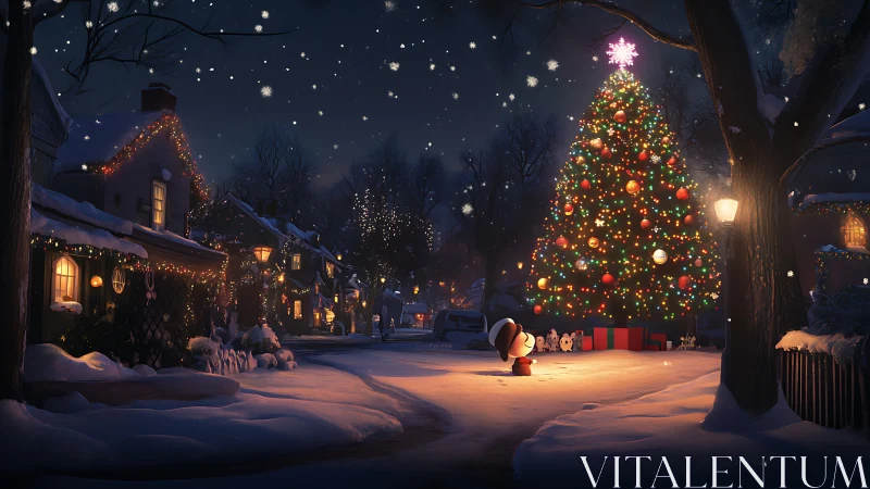 Snowy village glows around a towering Christmas tree at night.