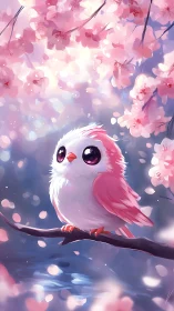 Pink and white cartoon bird under soft cherry blossoms.