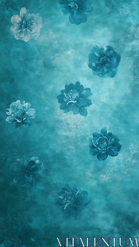 Ethereal Monochromatic Floral Composition with Teal Atmospheric Texture