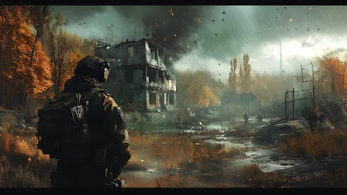 Armored recon unit in storm-swept postwar industrial ruin.