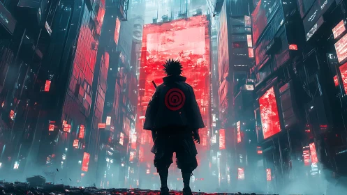 Lone cyber warrior confronts neon red city monoliths at dusk