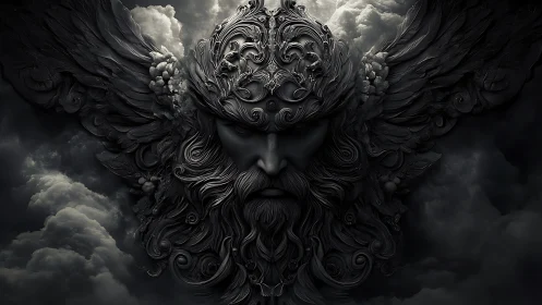 Stormborne winged deity carved from swirling midnight stone.