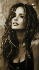Sepia-toned portrait of long-haired woman in close view.