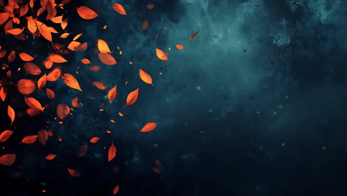 Fiery autumn leaves scatter across deep teal night sky.