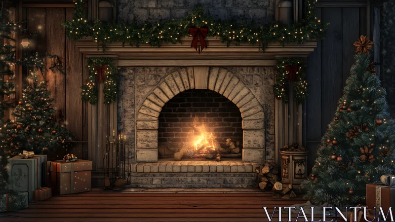 Cozy stone fireplace with Christmas trees and lights.