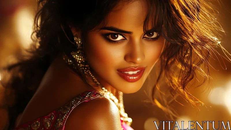 Close-up digital portrait of woman with warm bokeh lighting