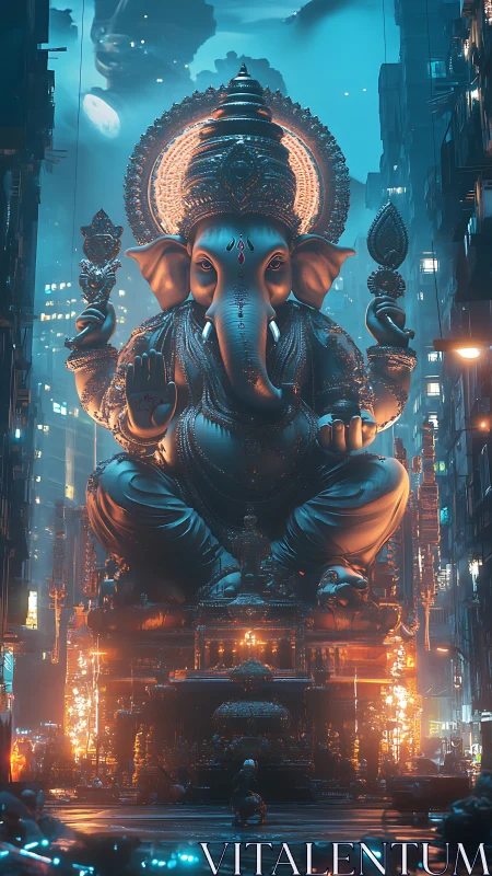 Colossal cyberpunk Ganesha idol amid neon cityscape at night.