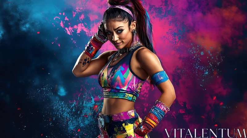 Neon street dancer in vibrant splatterwear against bokeh haze