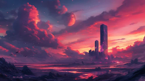 Monolithic alien towers pierce magenta nebular sunset sky