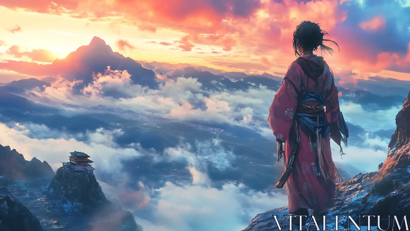 Skyline ronin greeting a sunrise over cloud-swept temples.