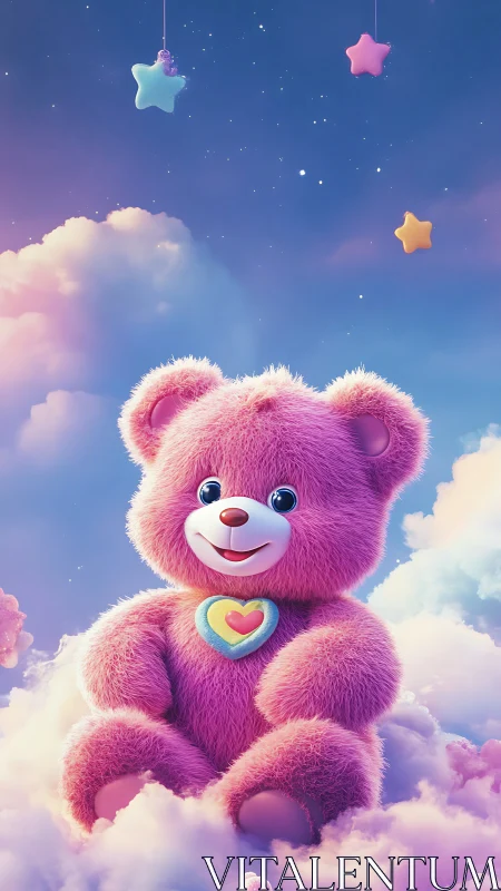 Pink plush teddy bear smiles softly above pastel clouds