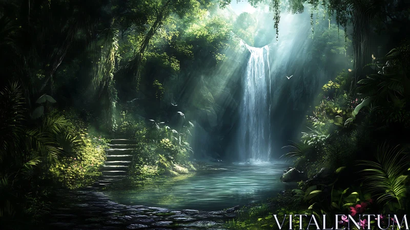 Enchanted jungle waterfall shimmers through dappled light.