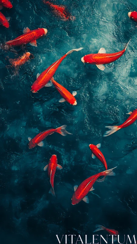 Gentle red koi gliding through deep blue, calming water.