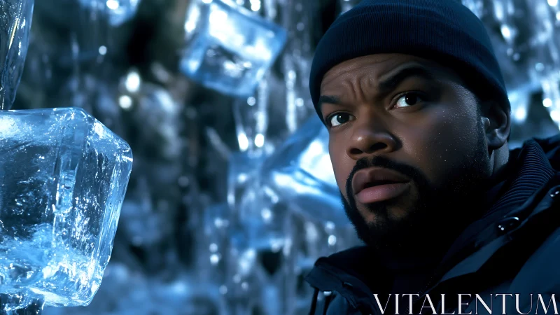 Man in winter clothing amid suspended ice blocks and shards.