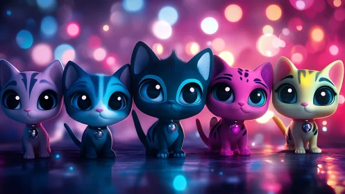 Five Luminescent Felid Characters Against Bokeh Gradient.