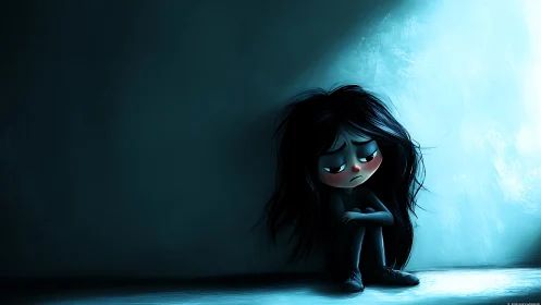 Digital painting study of lonely girl in desaturated corner light.