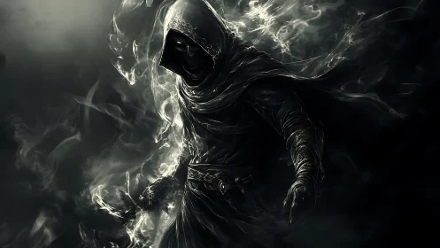 Hooded robed figure in swirling monochrome smoke field.