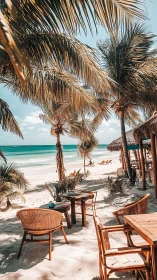 Tropical beach cafe under palm shade beside turquoise sea.