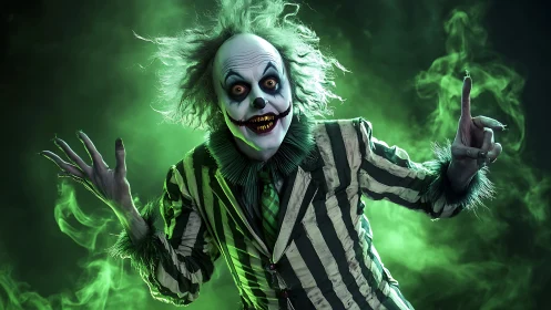 Striped suited figure with skull-like makeup in green haze.