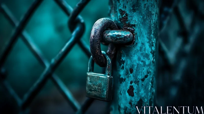 Macro study of weathered padlock on chain-link fence post.