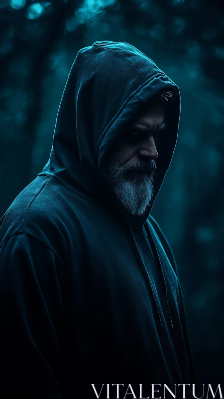 Hooded bearded man stands in teal low key cinematic lighting