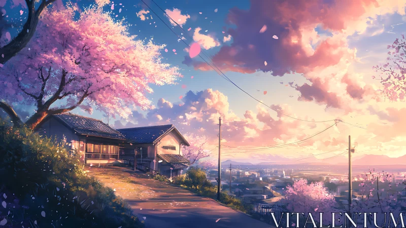 Sunlit hillside home beneath pastel cherry blossoms at dusk.