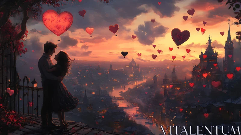 Romantic couple silhouette against heart-laden fantasy cityscape at sunset.