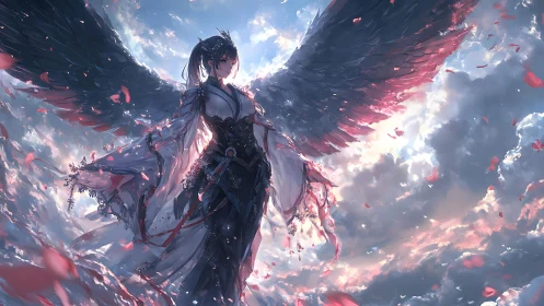 Dark winged swordswoman framed against bright cloud sky.