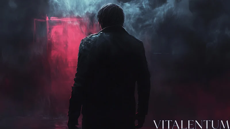 Solitary figure walks into neon fog and unknown danger