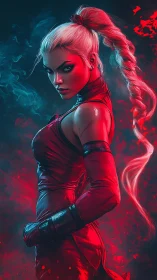 Fierce warrior in red stands ready within glowing smoke