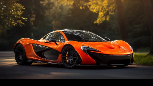 Aerodynamic hypercar in golden-hour forest roadway setting.