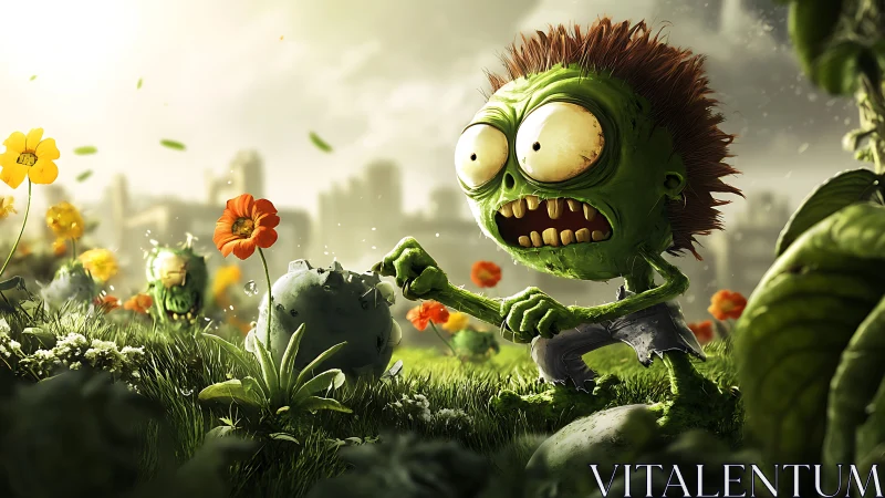 Cartoon zombie charges through vivid flower battlefield.