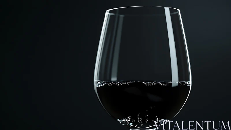 Crystal wine glass holds dark liquid against black background