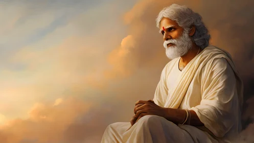 Elderly sage in contemplative repose against luminous dusk sky.