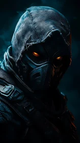 Hooded cyber-assassin renders intense glowing gaze in profile